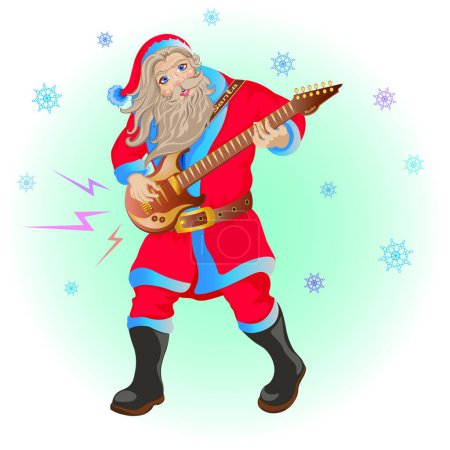Illustration for Santa is on his way to celebrate New Year's Rock Party, snow, snowflakes, winter, holiday, electric guitar, play, happy New year, isolated - Royalty Free Image