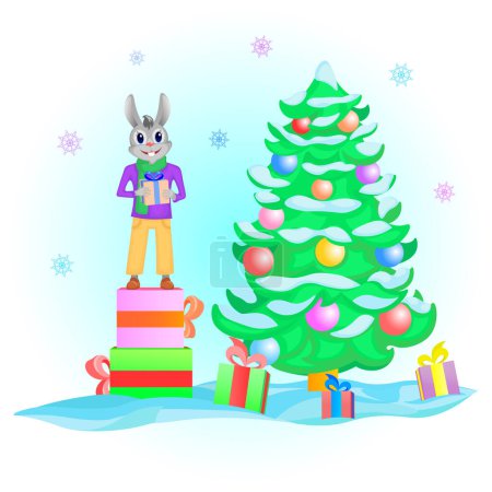 Ilustración de Bunny recibe regalos para el Año Nuevo, vacaciones, año del conejo, árbol de Navidad, nieve, regalos de Año Nuevo, bosque de hadas, decoraciones de Navidad, símbolo del año, ilustración vectorial - Imagen libre de derechos