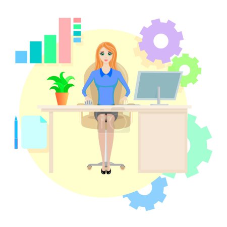 Illustration for Work in the office is due to the production process and its accounting, success, job, girl, lady, development, vector flat illustration, office, work, business - Royalty Free Image