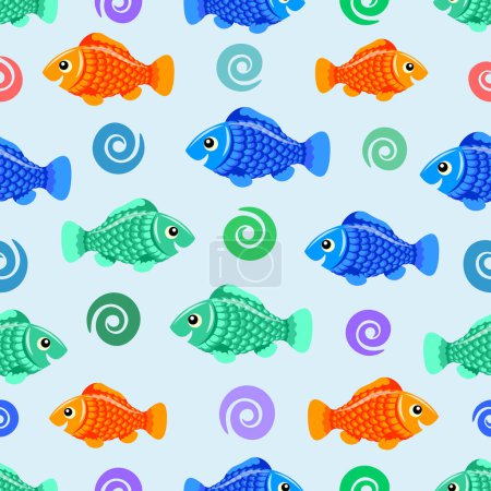 Aquarienfische werden jedes Interieur mit ihrer Schönheit schmücken, Meer, Ozean, Wasser, Algen, Vektor, nahtloses Muster, farbig, Kunst, Illustration, Hintergrund, isoliert