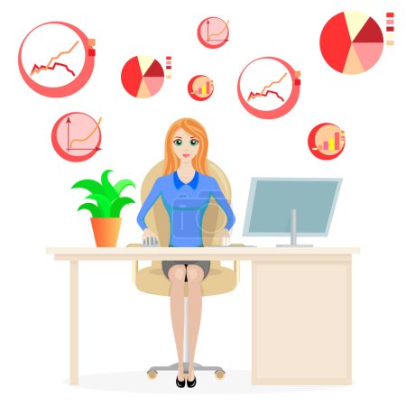 Illustration for Success in work lies in analysis, forecast and calculations, development, business woman, office, computer, girl, office work, job, desk, intensive work, lady, infographics - Royalty Free Image
