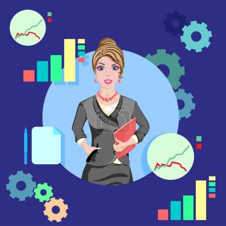 Illustration for Statistics and analysis are the key to business success, lady, girl, finance, woman, vector flat illustration, office, work, business - Royalty Free Image