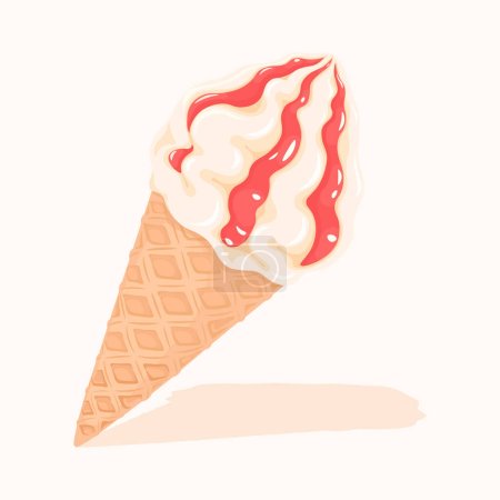 Illustration for Ice cream with vanilla cream and berry syrup has an amazing taste, dessert, confectioner, sugar, vector, illustration, isolated, background, art, food, jam, waffle cone - Royalty Free Image