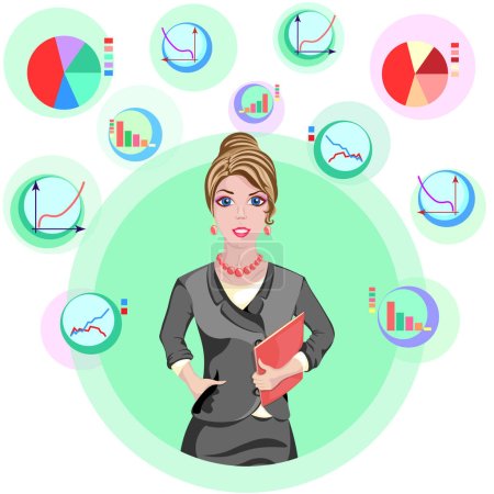 Illustration for Economics and statistics lead business to success, job, girl, lady, woman, development, vector illustration, office, work, business - Royalty Free Image