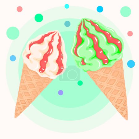 Illustration for Fruit and vanilla ice cream will give you double pleasure, dessert, confectioner, sugar, vector, illustration, isolated, background, art, food, jam, waffle cone - Royalty Free Image