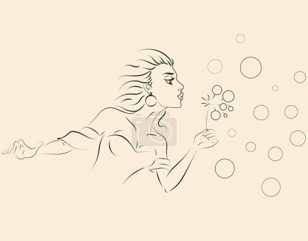 A girl with a dandelion in nature enjoys the moment, line art, hair, fashion, hands, lips, face, beautiful, woman, lady, art, illustration, vector, line