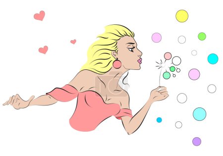 A girl with a dandelion in nature enjoys the moment, line art, hair, fashion, hands, lips, face, beautiful, woman, lady, art, illustration, vector, line