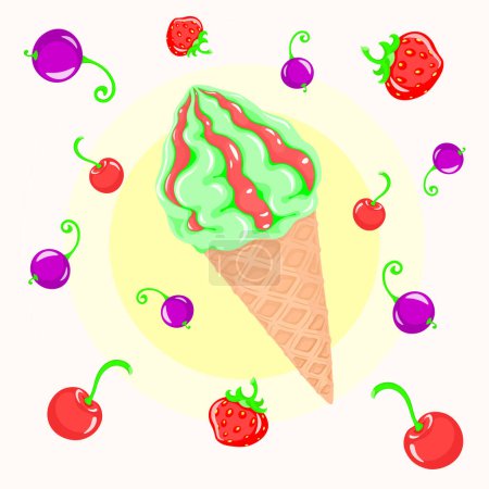 Berry ice cream rich in amazing berry flavors, dessert, confectioner, sugar, vector, illustration, isolated, berry, background, art, food, jam, waffle cone