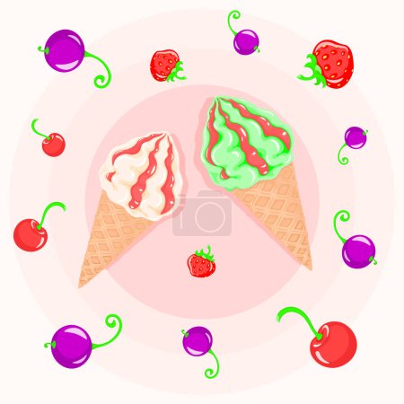 Illustration for The berry flavor of ice cream will plunge you into an ocean of bliss, dessert, confectioner, sugar, vector, illustration, isolated, berry, background, art, food, jam, waffle cone - Royalty Free Image