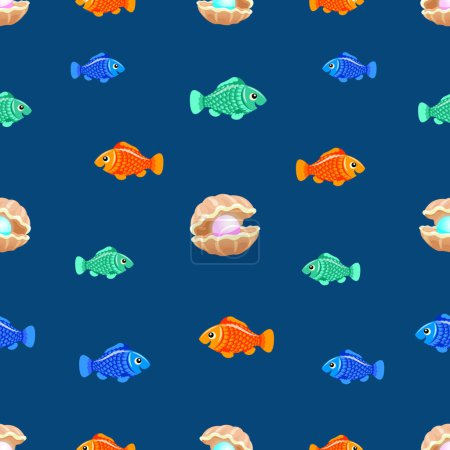 Aquarium mit Fischen und Muscheln bilden ein Muster, Meer, Ozean, Wasser, Algen, Vektor, nahtloses Muster, farbig, Kunst, Illustration, Hintergrund, isoliert