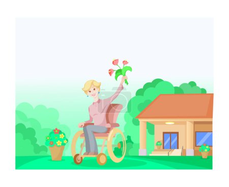 An aged and disabled woman enjoys life and nature, old people, nature, house, trees, limited physical abilities, flowers, art, vector, illustration, colored, 