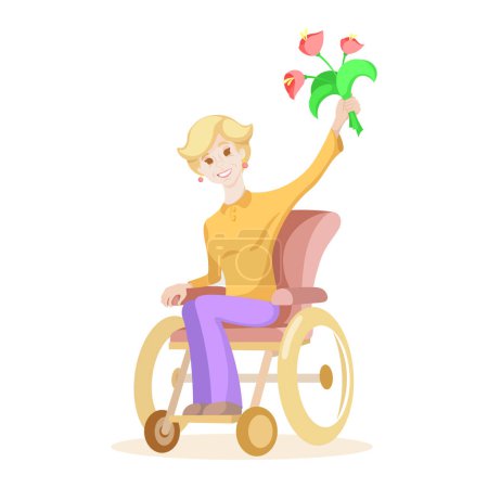 Ältere Frau freut sich und hält Blumen, alte Menschen, Lächeln, Haus, isoliert, eingeschränkte körperliche Fähigkeiten, Blumen, Kunst, Vektor, Illustration, farbig, 