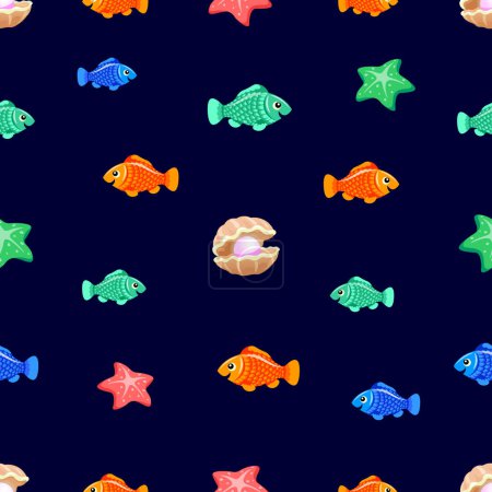 Peces, conchas, estrellas de mar conforman un hermoso patrón de las profundidades del mar, océano, agua, algas marinas, vector, patrón sin costuras, de color, arte, ilustración, fondo, aislado