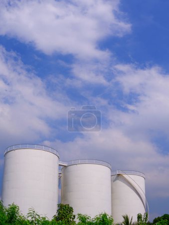 Téléchargez les photos : Trois réservoirs de carburant de stockage blanc derrière la rangée d'arbres verts contre des nuages blancs sur fond de ciel bleu dans un cadre vertical, Amélioration de la zone de paysage industriel avec concept environnemental durable - en image libre de droit
