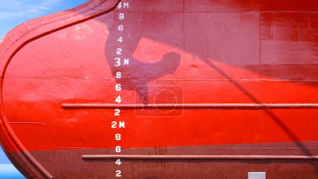 Foto de Borrador de números de marca en la superficie del casco rojo del buque petrolero después de los trabajos de renovación - Imagen libre de derechos