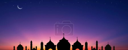 Panoramic view of silhouette mosque domes and crescent moon with star and majestic light on colorful twilight sky background during iftar period in Ramadan Holy month, illustration mode