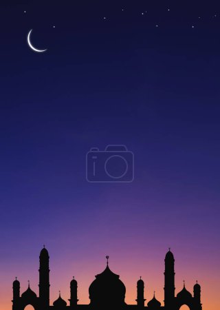 Silhouette Moschee Kuppeln und Halbmond mit Sternen am Nachthimmel Hintergrund in vertikalem Rahmen, Symbol islamische Religion Ramadan und Freiraum für Text Eid al-Adha, Eid al-fitr, Mubarak, Illustration
