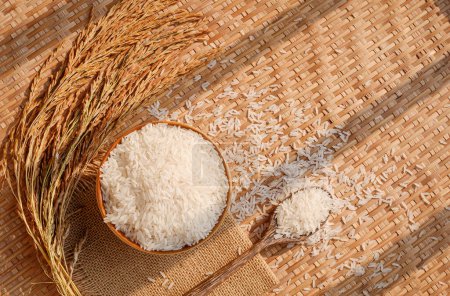 Photo for White rice (Thai Jasmine rice) in ceramic bowl and wooden spoon with ear of paddy on threshing basket, top view with copy space - Royalty Free Image