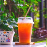 Iced fruit orange tea in plastic glass on white desk with many green plant in ornamental garden of modern coffee shop