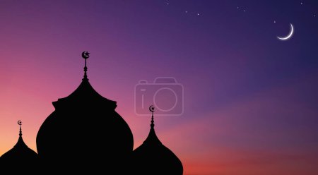 Silhouette mosque domes and crescent moon with stars on colorful dark twilight sky background in Iftar period during Ramadan holy month, illustration