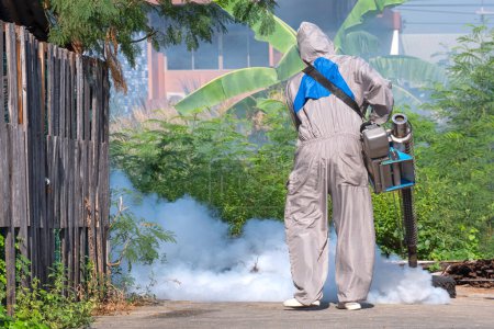 Foto de Trabajador sanitario que usa una máquina de niebla para rociar insecticida para eliminar mosquitos y prevenir la fiebre del dengue en zonas de tugurios, vista trasera con espacio para copiar - Imagen libre de derechos