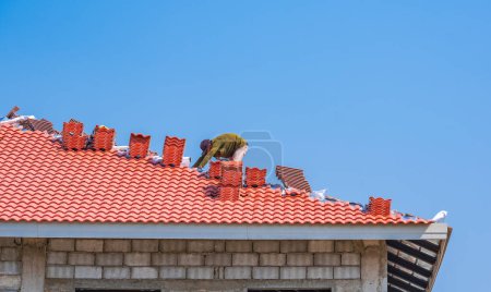 Bauarbeiter verlegt mit Alufolie beschichtete Isolierung und orangefarbene Dachziegel auf die Walmdachkonstruktion eines modernen Wohnhauses vor blauem Himmel
