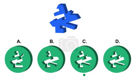 Ilustración de IQ pregunta de examen de razonamiento abstracto con un objeto principal en la parte superior y cuatro opciones - Imagen libre de derechos