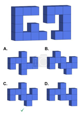 Ilustración de IQ pregunta de razonamiento abstracto con un objeto principal hecho de cubos y cuatro opciones - Imagen libre de derechos