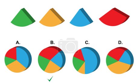 Ilustración de IQ prueba de razonamiento abstracto con cuatro segmentos de gráfico circular y cuatro gráficos completados como opciones - Imagen libre de derechos