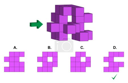 Ilustración de IQ pregunta de razonamiento abstracto con un objeto principal hecho de cubos y cuatro opciones como vistas laterales - Imagen libre de derechos