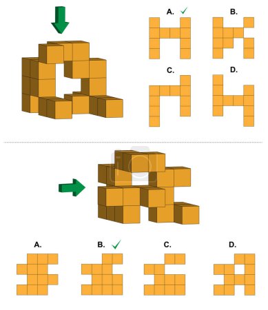 Ilustración de Conjunto de dos preguntas de examen de CI con un objeto determinado hecho de cubos y cuatro opciones como vistas laterales - Imagen libre de derechos