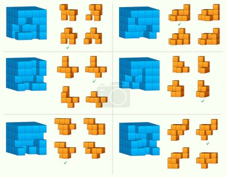 Ilustración de IQ pregunta de razonamiento abstracto con un objeto principal hecho de cubos y cuatro opciones dadas - Imagen libre de derechos