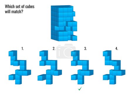Ilustración de IQ pregunta de razonamiento abstracto con un objeto principal hecho de cubos y cuatro opciones dadas - Imagen libre de derechos