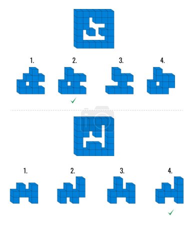 Ilustración de Dos preguntas de razonamiento abstracto IQ cubos de color azul. Un conjunto principal y cuatro opciones dadas - Imagen libre de derechos