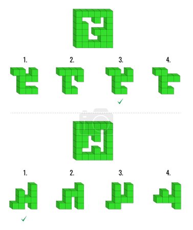 Ilustración de Dos preguntas de razonamiento abstracto de CI con cubos de color verde. Un conjunto principal y cuatro opciones dadas - Imagen libre de derechos