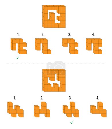 Ilustración de Dos preguntas de razonamiento abstracto de CI con cubos de color naranja. Un conjunto principal y cuatro opciones dadas - Imagen libre de derechos