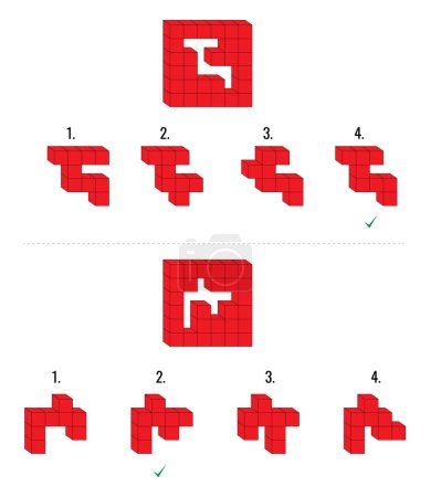 Ilustración de Dos preguntas de razonamiento abstracto de CI con cubos de color rojo. Un conjunto principal y cuatro opciones dadas - Imagen libre de derechos