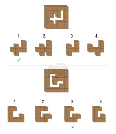 Ilustración de Dos preguntas de razonamiento abstracto CI cubos de color marrón. Un conjunto principal y cuatro opciones dadas - Imagen libre de derechos