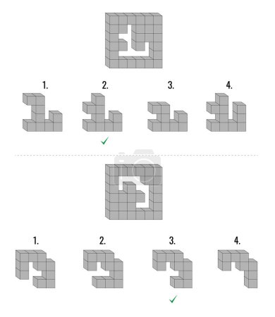 Ilustración de Dos preguntas de razonamiento abstracto IQ cubos de color gris. Un conjunto principal y cuatro opciones dadas - Imagen libre de derechos