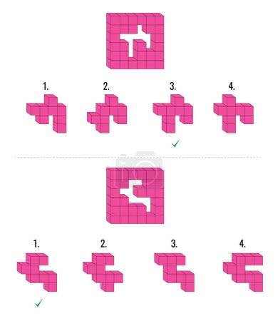 Ilustración de Dos preguntas de razonamiento abstracto IQ cubos de color rosa. Un conjunto principal y cuatro opciones dadas - Imagen libre de derechos