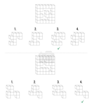 Ilustración de Dos preguntas de razonamiento abstracto IQ cubos de color blanco. Un conjunto principal y cuatro opciones dadas - Imagen libre de derechos