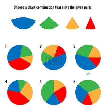 Ilustración de IQ prueba de razonamiento abstracto con cuatro segmentos de gráfico circular y seis gráficos completados como opciones - Imagen libre de derechos