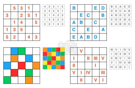 Illustrazione per IQ domande ragionamento astratto quattro diversi insiemi con numeri lettere alfabeto, numeri romani, e colori - Immagini Royalty Free