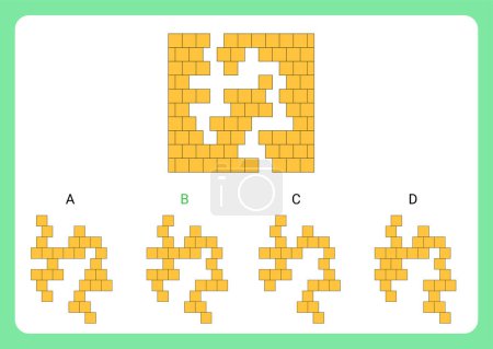 Ilustración de IQ prueba de razonamiento abstracto con un objeto principal una pared de donde faltan los ladrillos y cuatro conjuntos de ladrillos de construcción en la parte inferior como opciones dadas. La opción B es la respuesta correcta. - Imagen libre de derechos