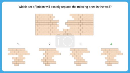 Ilustración de Pregunta de prueba de CI con un objeto principal una pared de donde faltan los ladrillos y cuatro conjuntos de ladrillos de construcción en la parte inferior como opciones dadas. La opción 4 es la respuesta correcta. - Imagen libre de derechos