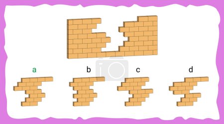 Question de test de QI avec un objet principal un mur d'où il manque des briques et quatre ensembles de briques de construction au fond comme options données. La première option est la bonne réponse.