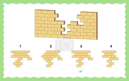 Ilustración de Pregunta de prueba IQ con un objeto principal una pared 3D con ladrillos faltantes y cuatro conjuntos de ladrillos de construcción en la parte inferior como opciones dadas. La tercera opción es la respuesta correcta. - Imagen libre de derechos