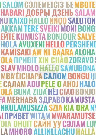 Illustration for A4 page format vector illustration with the word Hello in various languages isolated on a white background - Royalty Free Image
