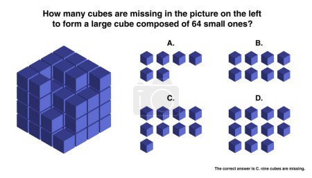 Ilustración de Pregunta de razonamiento lógico abstracto del CI. ¿Cuántos cubos faltan en la imagen de la izquierda para formar un cubo grande compuesto por 64 cubos pequeños? - Imagen libre de derechos