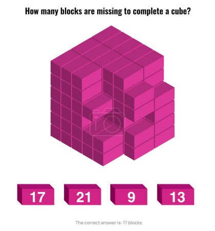 Ilustración de Pregunta de razonamiento lógico abstracto del CI. ¿Cuántos bloques faltan en esta imagen para formar un cubo compuesto por 108 bloques? - Imagen libre de derechos